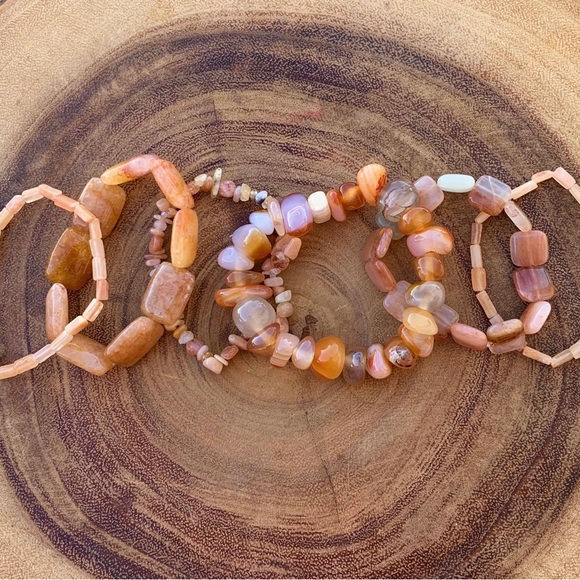 Natural Orange Carnelian & Peach Aventurine Gemstone Mix Beads Bracelet Stack - Picture 5 of 10